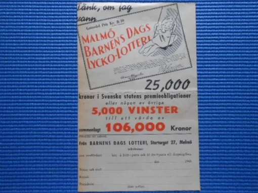Tradera Reklam och beställningssedel Malmö Barnens dags lotteri 1943 Lyckolotteri> Lotterier & Lodsedler