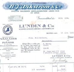 Tradera Reklambrev LUNDIN Råneå Läder- & Skofabrik + NJ.WIKSTRÖM Gammelstad Skodon...> Fragtsedler & Fakturaer