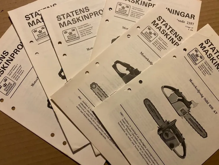 Tradera Samling Statens Maskinprovningar Motorsåg Partner Jonsered Husqvarna Stihl Skog| Havemaskiner