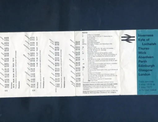 Tradera Skotsk hopvikbar Järnvägstidtabell Inverness-London 1977> Køreplaner