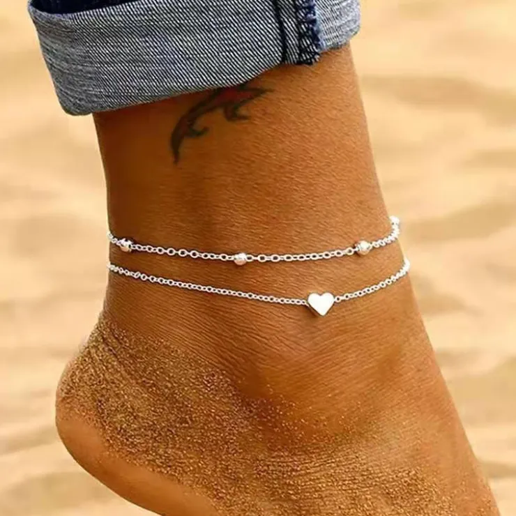 Tradera 2st Fotlänk 26cm / Ankellänk / Vristlänk Fotkedja hjärta silver färg - utrop 9kr> Ankelkæder