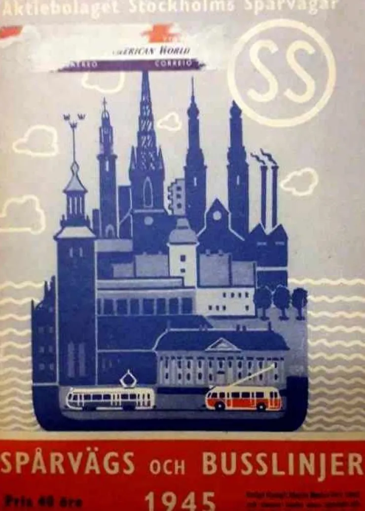 Tradera Stockholms spårvägar och buslinjer 1945 - tidtabeller och karta> Køreplaner