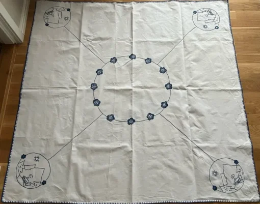 Shop Större äldre broderad duk vit blå bomull vintage ca 130x130 cm brodyr stuga Tekstiler