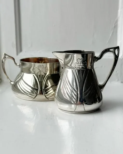 Tradera Sukker- og flødesæt, jugendstil, pletsølv| Kaffe & Te