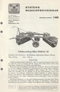 Tradera Tallriksredskap Offset TSSM-18x22 test statens maskinprovningar| Landbrugsmaskiner
