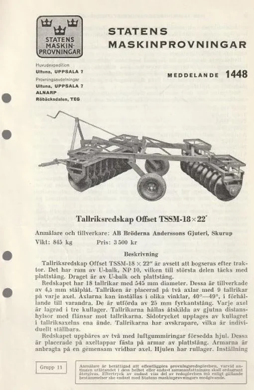 Tradera Tallriksredskap Offset TSSM-18x22 test statens maskinprovningar| Landbrugsmaskiner