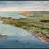 Tradera Tecknat vykort med flygvy över Helsingborg och norra Öresund.| Svenske Landskaber