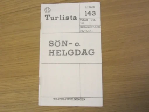 Tradera Tidtaberll Buss Linje 143 Turlista 1964 Stockholm> Køreplaner