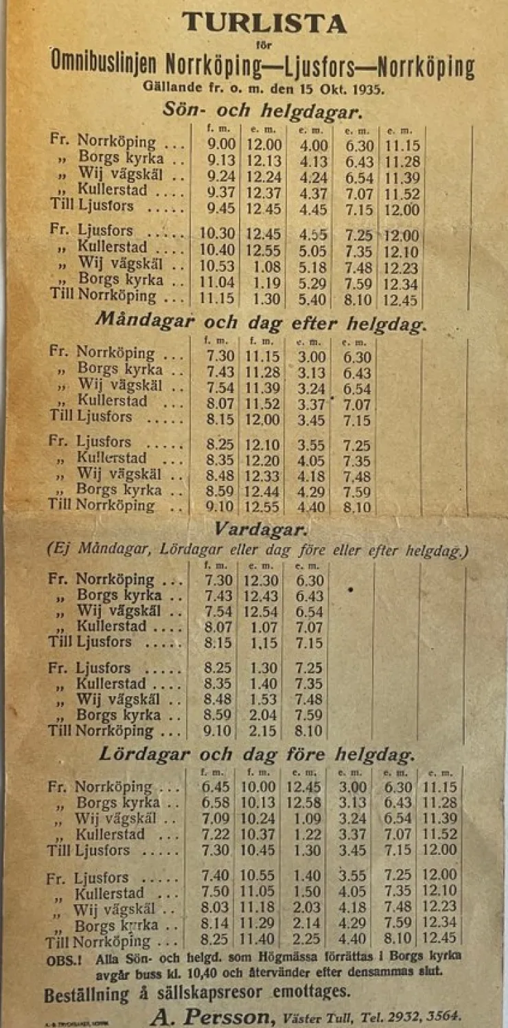 Tradera Turlista för omnibuslinjen Norrköping-Ljusfors-Norrköping fr.o.m den 15 Okt.1935> Køreplaner