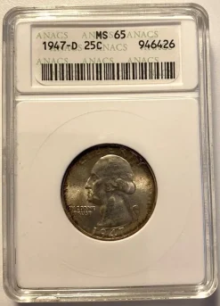 Tradera USA 25 Cent 1947 D i graderad kapsel av ANACS. Gradering är MS65| Udenlandske Mønter