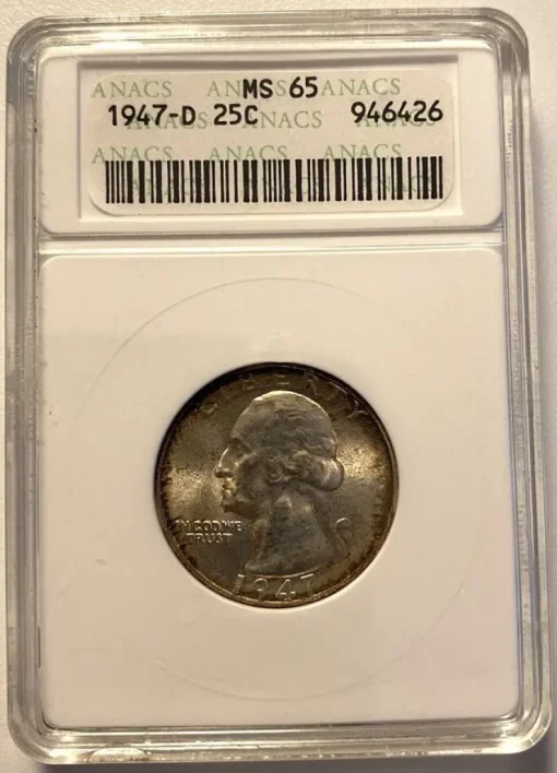 Tradera USA 25 Cent 1947 D i graderad kapsel av ANACS. Gradering är MS65| Udenlandske Mønter