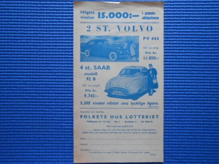 Tradera Vinstlista Folket Hus Lotteriet 1956> Lotterier & Lodsedler