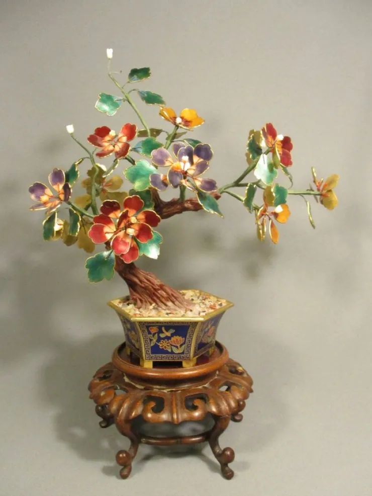 Cheap Vintage Cloisonné emalj korallblomma hjärtablad Bonsaiträd Äkta ädelsten Orientalsk Kunst Og Porcelæn