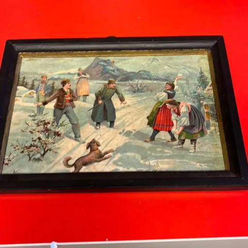 Outlet Vintermotiv med människor och hund äldre tavla från Norge Antikviteter