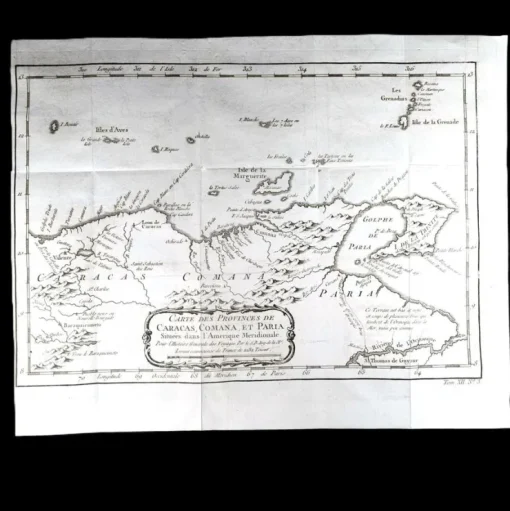 Store Västindien: CARACAS, TRINIDAD & TOBAGO, GRENADA mm. Kopparstucken karta, 1754 Antikkens Litteratur